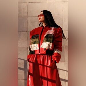 NWT Source Unknown Red Bomber Jacket with Artistic Print